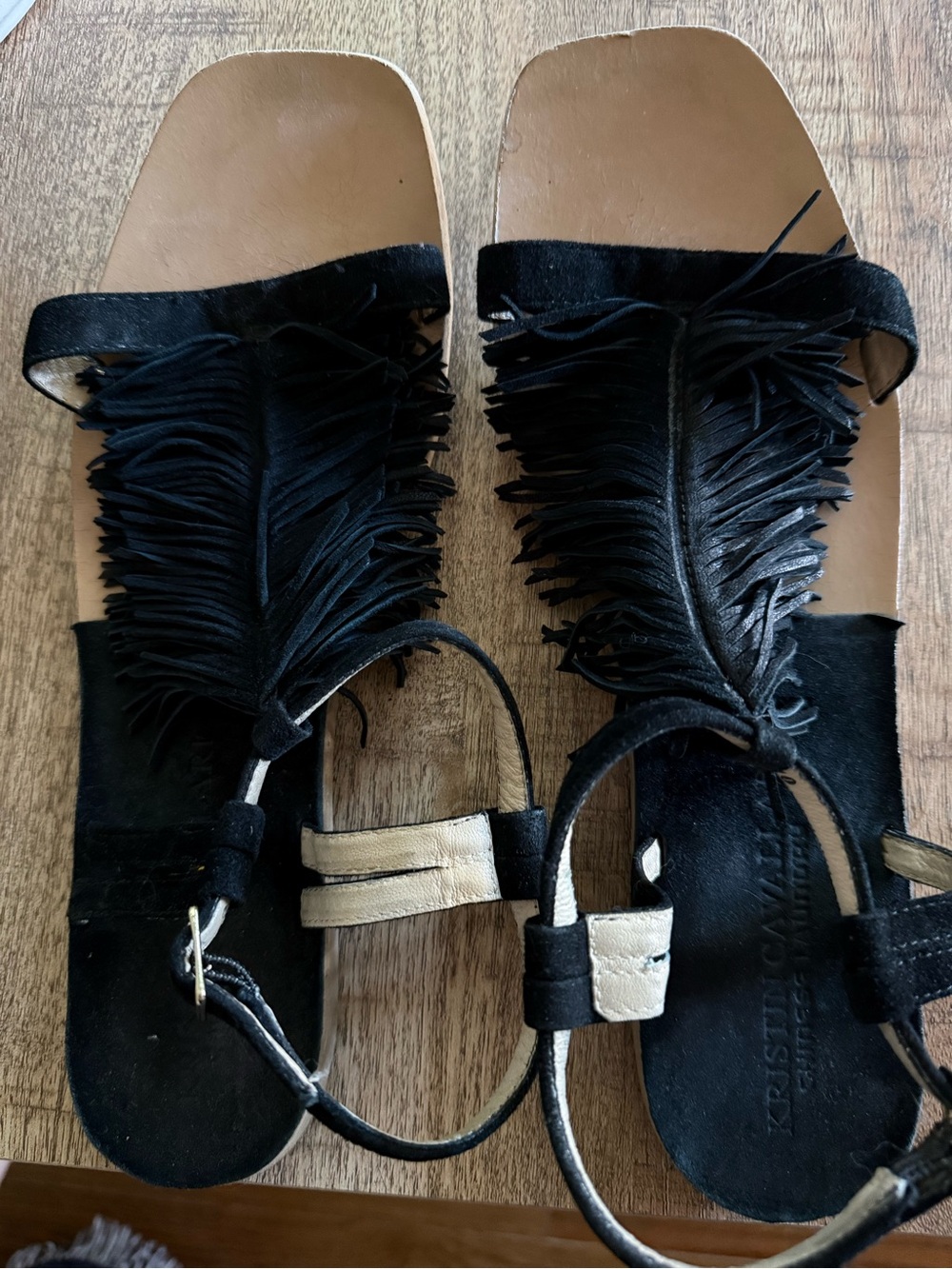 Black Fringe Leather Ankle-Strap Sandals